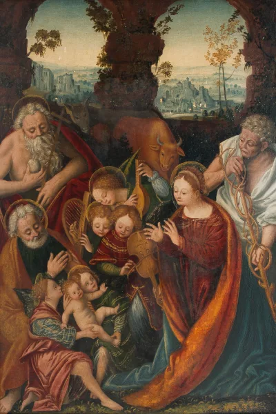 Gaudenzio Ferrari — Piemontesischer Nachfolger um 1560/70 Maria und Josef verehren das von Engeln gehaltene Jesuskind, dahinter der Heilige Hieronymus und ein Gläubiger