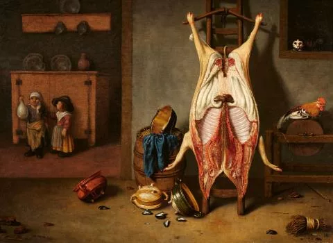 Hubert van Ravesteyn — Scheuneninterieur mit einem geschlachteten Schwein, zwei Kindern mit einer Schweinsblase, einem Hahn und einer Katze