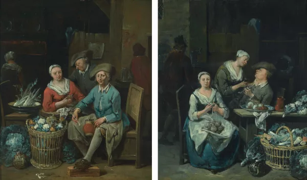 Jan Baptist Lambrechts — Gegenstücke: Interieur mit Apfelschälerin / Interieur mit trinkendem Paar