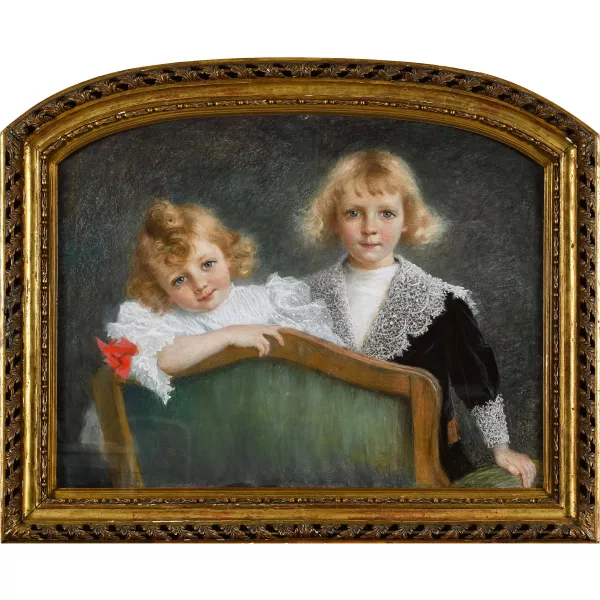 Lucien Lévy-Dhurmer — Geschwisterpaar auf grünem Fauteuil.