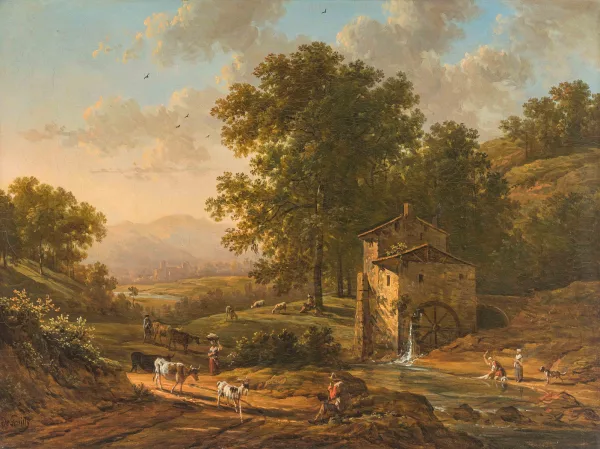 Victor de Grailly — Hirten und Wäscherinnen vor einer Mühle in einer Landschaft