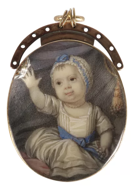 Richard Cosway — Portrait of a child with raised hand on a red cushion