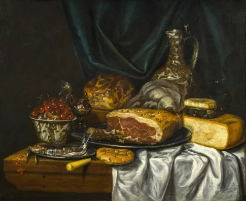 Jan van Gotingh — Stillleben mit Schinken, Käse, Brot, Kirschen und Geschirr, 1688