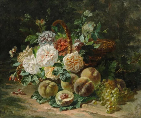 Paul Biva — Stillleben mit Rosen, Pfirsichen und Trauben