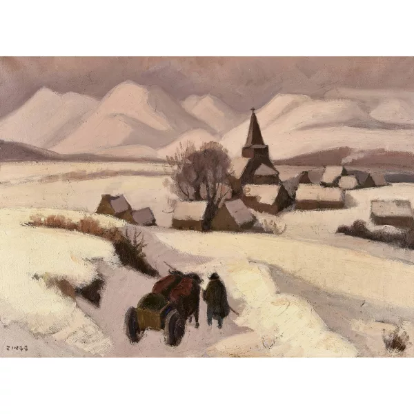 Jules-Émile Zingg — Paysage d'hiver avec attelage, village et église
