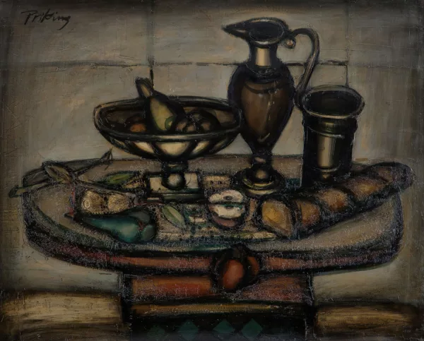 Franz Priking — Nature morte au pain, carafe et coupe de fruits