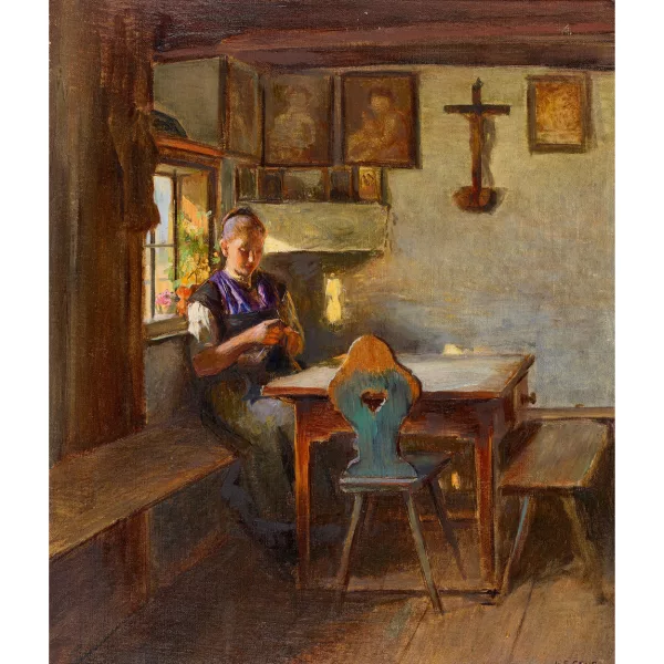 Karl Friedrich Gsur — Stubeninterieur mit strickender Bäuerin.