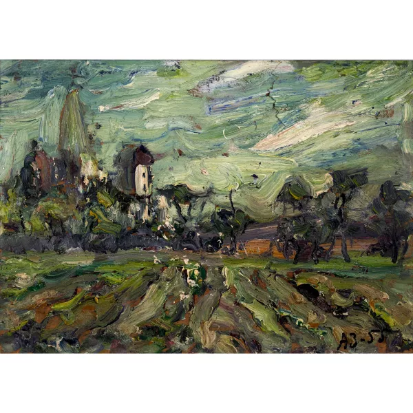 Anatoly Zverev — Paysage avec un village derrière des arbres