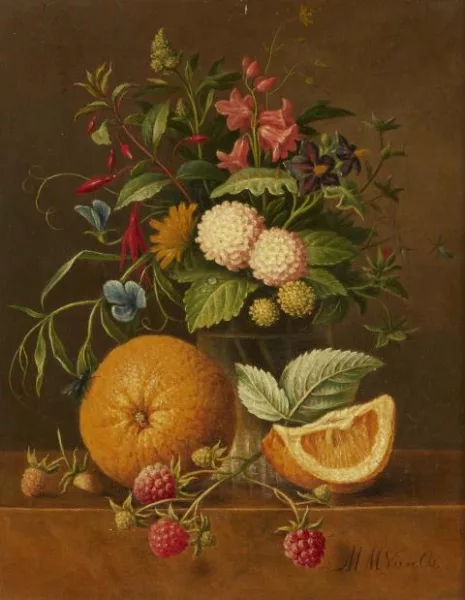 Maria Margrita van Os — Stillleben mit Blumenvase, Apfelsinen und Himbeeren