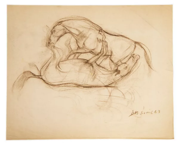 Sunil Das — Sunil DAS (1939-2015) 'Chevaux tête-bêche', sépia sur papier