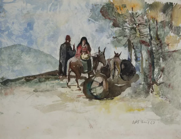 Sunil Das — Sunil DAS (1939-2015) 'Paysage rural en Algérie', aquarelle et encre