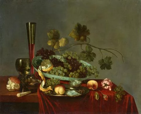 Abraham Susenier — Früchtestillleben mit Weintrauben, Pfirsichen, Blumen, einer Zitrone und einer Auster