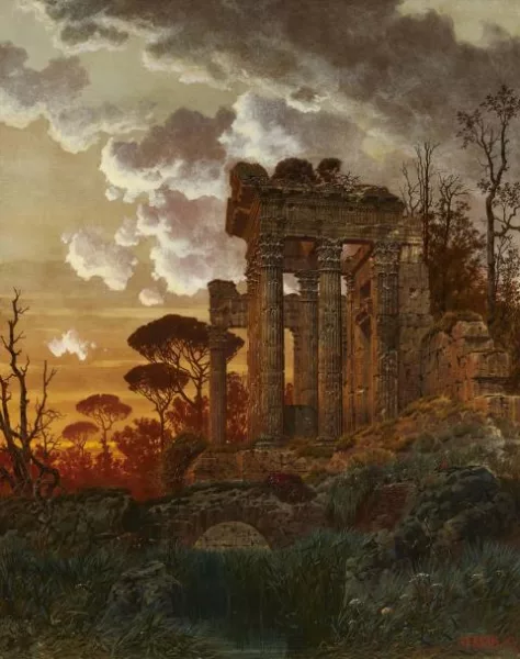 Ferdinand Knab — Abendliche Landschaft mit antiker Tempelruine
