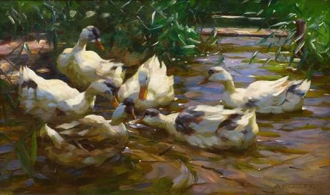 Alexander Koester — Sechs Enten in blauem Schilfwasser