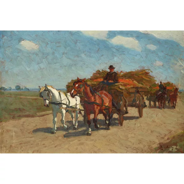 Lajos Zombory — Sommerlandschaft mit beladenen Pferdefuhrwerken.