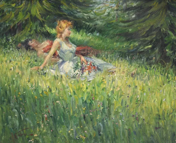 Clemente Tafuri — Deux jeunes femmes allongées dans l'herbe,