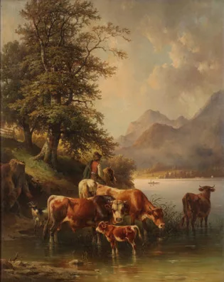 Edmund Mahlknecht — Reitender Hirte mit Kühen an See