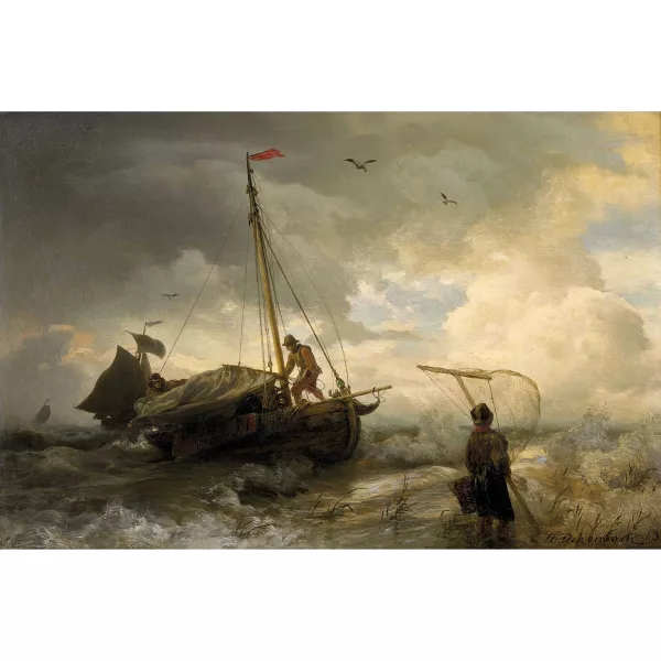 Andreas Achenbach — Bateau de pêche au bord d’une plage agitée