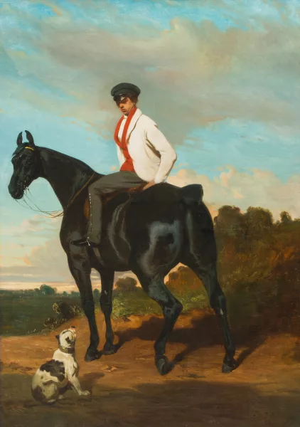 Alfred de Dreux — Junger Reiter auf einem Rappen, von einer kleinen Dogge begleitet