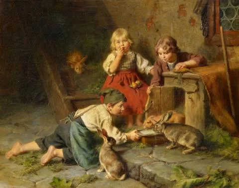 Felix Schlesinger — Drei Kinder Hasen fütternd
