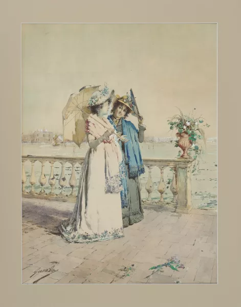 Enrico Gamba — Venedig, zwei elegante Damen beim Spaziergang