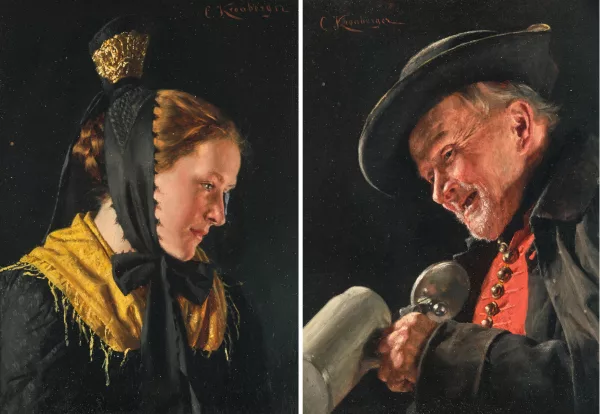 Carl Kronberger — Gegenstücke: Bildnis einer jungen Frau in Tracht / eines Herrn mit Bierhumpen