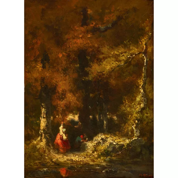 Narcisse Virgilio Díaz — Attributed to Narcisse Díaz de la Peña — Forest clearing with a lady and her male companion