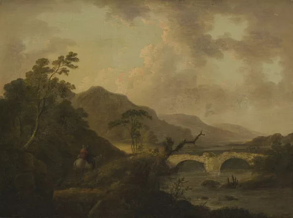Julius Caesar Ibbetson — Suiveur de Julius Caesar Ibbetson — Paysage à la rivière avec cavaliers,