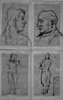 A. R. Penck — Quatre dessins : femme debout de dos ; femme debout de face ; portrait (2 fois)