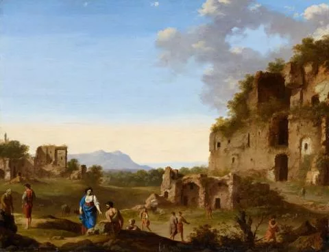 Cornelius van Poelenburgh — Roman Landscape with Ruins and Travellers