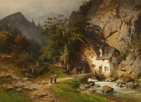 Joseph Jansen — Gebirgslandschaft mit Mühle an einem Bach