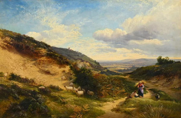 George Cole — Berger et jeune fille accompagnant un troupeau de moutons