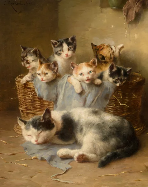 Carl Reichert — Schlafende Katzenmutter mit ihren Jungen in einem Korb