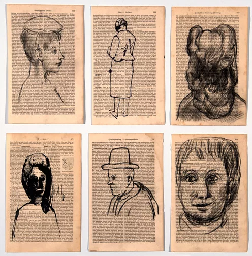 A. R. Penck — Six dessins : tête de femme de dos ; portrait (deux fois) ; femme debout de dos ; homme au chapeau ; portrait de femme