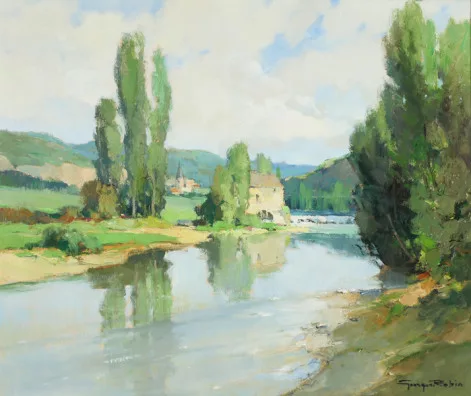 Georges Robin — Französische Flusslandschaft mit Mühle und Dorf