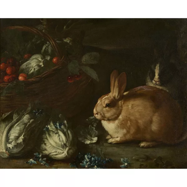 Giovanni Agostino Cassana — Entourage de GIOVANNI AGOSTINO CASSANA — Stillleben mit Kohl, Kirschen und Kaninchenpaar.
