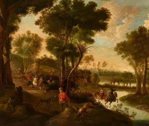 Jan Hackaert — Jagdgesellschaft in Waldlandschaft