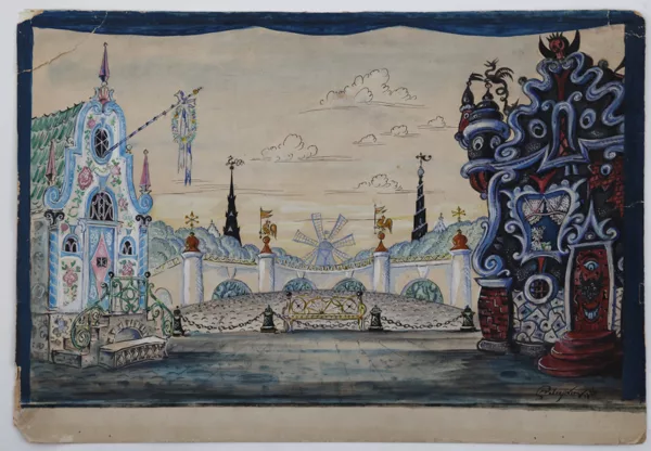 Mstislav Doboujinsky — Etude de décor pour le Ballet Coppélia, Ier Acte