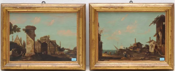 Francesco Guardi — in der Art Gegenstücke: Capriccio mit Fischerhäusern / Capriccio mit antiken Ruinen
