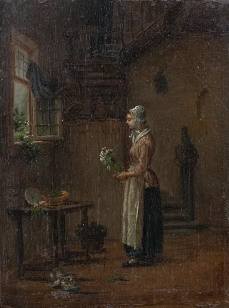Charles Brias — Attribué à Charles BRIAS — Charles BRIAS (1798-1884) attribué à, 'Dans la cuisine devant la fenêtre', huile