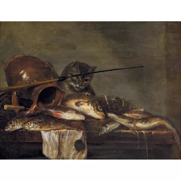 Jan Dirven — Stillleben mit Fischfang, Angelrute und neugieriger Katze.