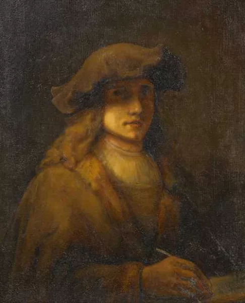 Rembrandt — École de REMBRANDT — Portrait of a young man writing.