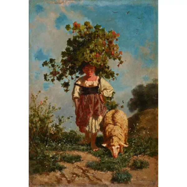 Eduardo Dalbono — Paysanne portant une grande plante sur la tête, avec mouton