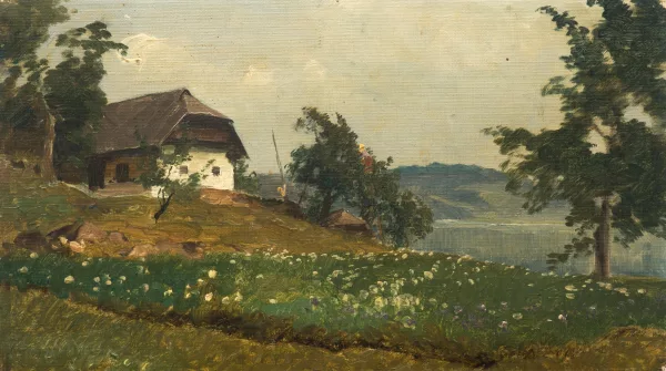 Josef Wopfner — Landschaft mit Bauernhof über einem See