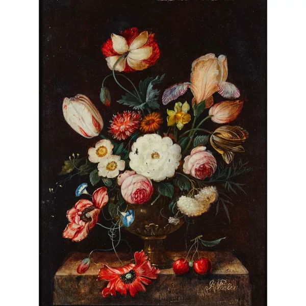Franz Xaver Pieler — Stillleben mit Blumenstrauss und Kirschenpaar.