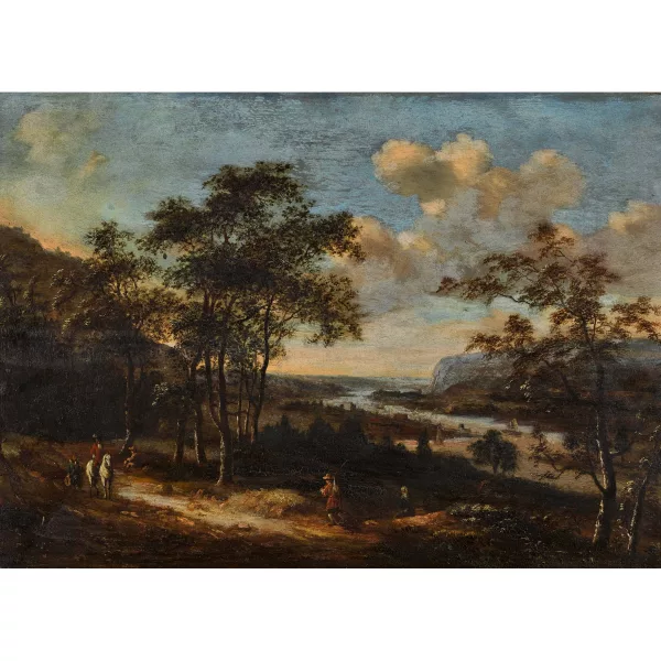 Dionijs Verburgh — Landschaft mit Reisenden und Fluss.