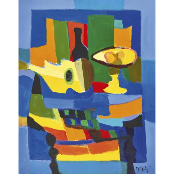 Marcel Mouly — "Guitare, bouteille et compotier".