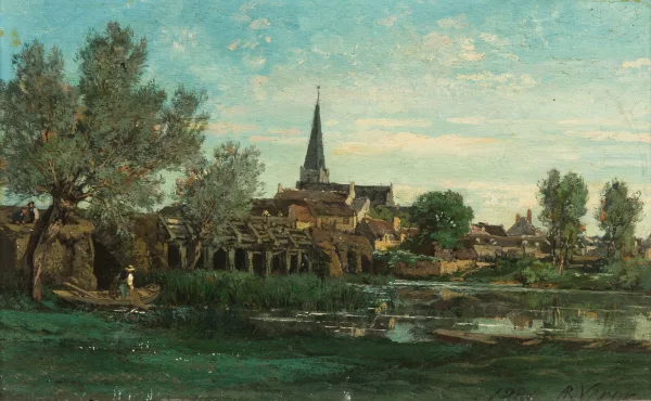 Alexandre René Veron — Flusslandschaft mit Dorf im Hintergrund