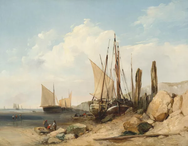Jules Coignet — Felsige Küstenansicht mit Segelschiffen und Fischersleuten