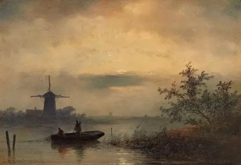 Johannes Franciscus Hoppenbrouwers — Flussfischer bei Mondaufgang